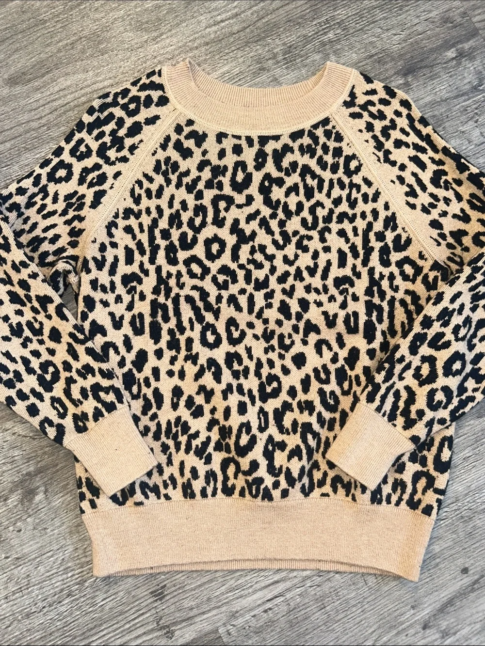 J. Crew Leopard Print Merino Wool Blend Sweater XS Tan Black Animal Pullover